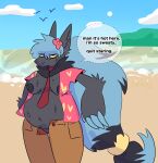  accessory aloha_shirt ambiguous_gender annoyed anthro beach belly big_breasts big_nipples blue_hair bodily_fluids breasts clothed clothing dialogue exposed_breasts fan_character female flower flower_in_hair fur generation_5_pokemon grey_body grey_fur hair hair_accessory hi_res irritated_eyes khaki_pants nintendo nipple_slip nipples open_clothing open_shirt open_topwear overweight overweight_female pattern_clothing pattern_shirt pattern_topwear plant pokemon pokemon_(species) porn_dialogue pornography shirt sky slightly_chubby slightly_chubby_anthro slightly_chubby_female solo sweat sweatdrop topwear unzipped unzipped_pants yellow_eyes zipper zoravix zoroark 