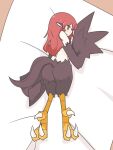 1girl animal_ears ass big_o_pants bird_ears bird_legs bird_tail black_feathers black_wings blush bright_pupils feathers fio-chan_(big_o_pants) harpy highres long_hair looking_at_viewer looking_back monster_girl nude on_bed open_mouth original red_eyes red_hair solo tail talons white_pupils winged_arms wings 