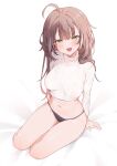  1girl :d absurdres ahoge airenif alternate_costume arm_support black_panties blush breasts brown_eyes brown_hair commentary covered_nipples cropped_shirt english_commentary full_body highres hololive hololive_english long_hair looking_at_viewer multicolored_hair nanashi_mumei navel no_bra no_pants panties see-through shirt sitting smile solo stomach streaked_hair turtleneck underwear virtual_youtuber white_shirt 