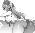  1girl alsace_(azur_lane) alsace_(heat_beating_summer_sacrament)_(azur_lane) ass azur_lane azur_lane:_slow_ahead bikini blush breasts flower from_behind greyscale hair_flower hair_ornament hori_(hori_no_su) huge_breasts long_hair looking_at_viewer monochrome official_alternate_costume official_art parted_lips sideboob solo swimsuit very_long_hair water 