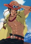  1boy abs absurdres bare_pectorals belt black_hair bracelet commentary elbow_pads floating_hair freckles hat hat_over_one_eye highres jewelry log_pose necklace ocean one_piece orange_hat pearl_necklace pectorals portgas_d._ace shirt short_hair short_sleeves single_elbow_pad sky smirk solo symbol-only_commentary usarinko yellow_shirt 