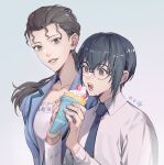  1boy 1girl black_hair blue_jacket brother_and_sister commentary_request crepe food food_on_face fruit glasses hair_between_eyes hair_tie holding holding_food hondou_eisuke jacket meitantei_conan mizunashi_rena necktie numbered open_mouth ponytail shirt short_hair siblings sidelocks smile strawberry upper_body white_shirt wing_collar yoshicha 