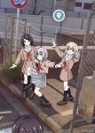  4girls a_whydc bang_dream! bang_dream!_it&#039;s_mygo!!!!! black_hair black_socks blonde_hair blue_eyes brown_dress brown_footwear chain-link_fence closed_mouth commentary day double_v dress fence grey_skirt hanasakigawa_school_uniform hashtag-only_commentary high_school_girls_posing_for_google_street_view_(meme) highres kaname_raana kneehighs loafers long_hair long_sleeves medium_hair meme misumi_uika multiple_girls neck_ribbon outdoors photo_background plaid plaid_skirt pleated_skirt purple_eyes red_ribbon ribbon sailor_collar sailor_dress school_uniform shiina_taki shoes skirt smile socks twitter_username v white_hair white_sailor_collar yahata_umiri 