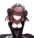  1girl bad_id bad_pixiv_id black_dress black_flower breasts brown_hair character_request closed_mouth collarbone copyright_request dress flower hair_ornament highres looking_at_viewer maid_headdress medium_breasts ninniku_mashimashi orange_eyes simple_background small_breasts solo upper_body white_background 