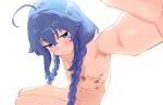  1girl absurdres armpits babywipes blue_eyes blue_hair blush braid breasts closed_mouth commentary completely_nude covering_breasts covering_privates crossed_bangs english_commentary eyelashes hair_between_eyes highres jitome long_hair looking_at_viewer mushoku_tensei navel nude outstretched_arm pout reaching reaching_towards_viewer roxy_migurdia simple_background sitting small_breasts solo sweat thighs twin_braids very_long_hair white_background 
