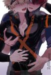  2boys bakugou_katsuki black_jacket blonde_hair boku_no_hero_academia cactusnabe collarbone grabbing grabbing_from_behind hair_between_eyes hand_on_another&#039;s_head hand_on_another&#039;s_waist highres jacket male_focus multiple_boys open_mouth pectoral_cleavage pectoral_grab pectorals red_hair saliva saliva_swap saliva_trail teeth todoroki_shouto tongue twitter_username two-tone_background upper_body white_hair yaoi 