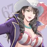  1girl alvida_(one_piece) bikini black_hair breasts collared_coat commentary_request drill_hair drill_sidelocks earrings green_eyes hat hat_feather jewelry light_smile long_hair necklace numbered one_piece pearl_earrings pearl_necklace purple_background sidelocks solo swimsuit upper_body white_hat yoshicha 