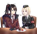  1boy 1girl absurdres ahoge aiguillette armband black_gloves black_jacket black_necktie blonde_hair blue_eyes breasts brown_eyes brown_hair cake chair collared_shirt commander_(girls&#039;_frontline) commission cross female_commander_(girls&#039;_frontline) food fork garrison_cap girls&#039;_frontline gloves half_gloves hat highres holding holding_fork iron_cross jacket journey_in_the_auspicious_snow_(girls&#039;_frontline) long_hair looking_at_another looking_at_food medium_breasts medium_hair mp40_(girls&#039;_frontline) necktie open_clothes open_jacket open_mouth plate ponytail red_armband red_jacket red_necktie shirt sidelocks smile strawberry_cake suprii table white_background white_shirt 