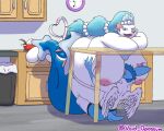 absurd_res alan_(alanshinys) anthro areola bedroom_eyes belly big_belly big_breasts big_butt big_tail blue_body blue_fur blue_hair breasts butt detailed_background duo eeveelution face_in_breasts female fur generation_6_pokemon generation_7_pokemon hair hi_res huge_belly huge_breasts huge_butt huge_tail humanoid kitchen male male/female morbidly_obese morbidly_obese_female narrowed_eyes nintendo nipples obese obese_female overweight overweight_female pink_areola pink_nipples pokemon pokemon_(species) primarina purple_eyes seductive shaded shiny_pokemon slightly_chubby slightly_chubby_female sylveon tail trash_can void_opossum white_body white_fur wings
