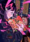  black_hair brown_body brown_fur chopsticks clothing colored_nails eulipotyphlan food fur hair hedgehog hi_res human human_focus japanese_text looking_at_another looking_at_partner mammal multicolored_hair nails nira-chan noodles not_furry_focus purple_eyes tef88skb text text_on_clothing two_tone_hair uniguri zutomayo 