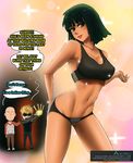  1girl 2boys angry bare_shoulders black_hair breasts cleavage english fubuki_(one-punch_man) genos green_eyes highres hips large_breasts legs light_smile lips multiple_boys navel one-punch_man panties saitama_(one-punch_man) short_hair smile sparkle speech_bubble sports_bra stomach text underwear 