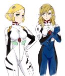  1boy 1girl adjusting_clothes blonde_hair bodysuit bracer hairpods highres interface_headset link looking_at_another looking_to_the_side multicolored_bodysuit multicolored_clothes neon_genesis_evangelion parody pilot_suit plugsuit pointy_ears princess_zelda simple_background teraichigo the_legend_of_zelda the_legend_of_zelda:_tears_of_the_kingdom white_background white_bodysuit 