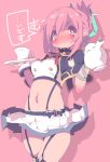  1girl black_jacket blush copyright_request cup dangomushi drop_shadow embarrassed eyelashes garter_straps holding holding_plate holding_teapot jacket navel pink_background pink_eyes pink_hair plate pout shirt short_hair skirt solo teacup teapot translation_request white_shirt white_skirt 