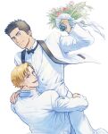  2boys ao_isami black_bow black_bowtie black_hair blonde_hair blue_eyes bouquet bow bowtie carrying carrying_person collared_shirt couple facial_hair feet_out_of_frame flower highres holding holding_bouquet husband_and_husband jacket lewis_smith looking_at_viewer male_focus multiple_boys pants rose shirt short_hair sideburns_stubble simple_background smile stubble vest wedding_suit white_background white_jacket white_pants white_shirt white_vest yamyam9006 yaoi yuuki_bakuhatsu_bang_bravern 