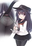  akatsuki_(kantai_collection) anchor_symbol animal animal_print ass black_legwear blush cat cat_panties cat_print cat_tail cowboy_shot crotch_seam flat_cap hair_between_eyes hair_flaps hat holding holding_animal kantai_collection long_hair looking_at_viewer messy_hair multiple_views panties panties_under_pantyhose pantyhose pantyshot pleated_skirt print_panties purple_eyes purple_hair school_uniform serafuku skirt tail thighs underwear watanon_(gakushokutei) white_panties 