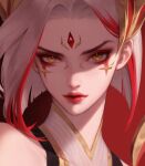  1girl 891 closed_mouth colored_tips english_commentary eyeshadow forehead_jewel highres league_of_legends leblanc_(league_of_legends) lipstick looking_at_viewer makeup multicolored_hair official_alternate_costume official_alternate_hairstyle portrait red_background red_eyeshadow red_hair red_lips risen_legend_leblanc shirt short_hair simple_background solo two-tone_hair white_shirt yellow_eyes 
