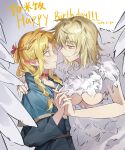  2girls blonde_hair blue_capelet blue_dress blush breasts capelet chimera choker closed_mouth dated dress dungeon_meshi ear_blush elf eye_contact falin_touden falin_touden_(chimera) feathered_wings feathers green_eyes hand_on_another&#039;s_shoulder happy_birthday highres holding_hands interlocked_fingers large_breasts light_brown_hair long_hair looking_at_another marcille_donato medium_hair monster_girl multiple_girls panties pointy_ears red_choker shiba257 smile underwear upper_body white_panties wings yuri 