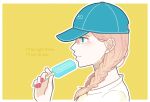  1girl baseball_cap blue_eyes blue_hat border braid brown_hair chewing food freckles from_side hat highres holding holding_food holding_popsicle long_hair miko35 original outline pink_nails popsicle shirt solo twin_braids white_border white_outline white_shirt yellow_background 