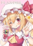  1girl :q ascot blonde_hair blush breasts character_name collarbone collared_shirt cup disposable_cup drinking_straw flandre_scarlet frappuccino frilled_shirt_collar frills gradient_background hat hat_ribbon head_tilt holding long_hair looking_at_viewer mob_cap one_eye_closed one_side_up onomiya pink_background puffy_short_sleeves puffy_sleeves rainbow_order red_eyes red_ribbon red_vest ribbon ribbon-trimmed_headwear ribbon_trim shirt short_sleeves simple_background small_breasts solo star_(sky) tongue tongue_out touhou upper_body v vest white_hat white_shirt wrist_cuffs yellow_ascot 