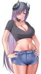  1girl absurdres august_von_parseval_(azur_lane) azur_lane black_hair black_shirt blue_eyes blue_shorts breasts cleavage collarbone commission denim denim_shorts english_commentary gradient_hair grin hair_over_one_eye hands_on_own_hips highres horns large_breasts long_hair looking_at_viewer makudesu multicolored_hair navel purple_hair shirt short_sleeves shorts simple_background smile thighs two-tone_hair white_background 