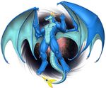 2016 abs absurd_res anthro belly_scales biceps blue_scales claws digitigrade dragon featureless_crotch floating front_view grin headwear hi_res horn looking_at_viewer looking_down low-angle_view male melfur membranous_wings multicolored_scales muscular muscular_male nipples nude pecs quads rollwulf scales scalie sharp_teeth solo space teeth two_tone_scales vein wings 