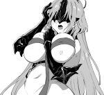  1girl alsace_(azur_lane) azur_lane azur_lane:_slow_ahead between_breasts black_gauntlets blush breast_strap breasts facing_viewer gauntlets greyscale hori_(hori_no_su) huge_breasts masked monochrome official_art open_mouth revealing_clothes simple_background solo sweat white_background 