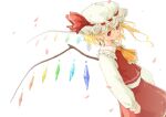  1girl :&lt; absurdres adapted_costume ascot backlighting blonde_hair closed_mouth cowboy_shot dutch_angle flandre_scarlet frilled_ascot frilled_shirt_collar frills from_side gykleo hat hat_ribbon highres long_sleeves medium_hair mob_cap multicolored_wings one_side_up red_eyes red_ribbon red_skirt red_vest ribbon ribbon-trimmed_headwear ribbon_trim shirt skirt skirt_set solo touhou vest white_hat white_shirt wings yellow_ascot 
