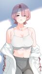  1girl arimura_mao armpit_crease bare_shoulders blue_eyes blush breasts cleavage collarbone commentary cowboy_shot gakuen_idolmaster grey_pants highres idolmaster jacket large_breasts looking_at_viewer midriff navel nonbire off_shoulder pants pink_hair shadow short_hair smile solo sports_bra white_jacket white_sports_bra 