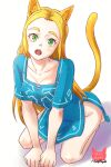  1girl animal_ears artist_logo blonde_hair blue_shirt cat_ears cat_girl cattail champion&#039;s_tunic_(zelda) collarbone dated hirofujie long_hair looking_at_viewer naked_shirt open_mouth plant princess_zelda seiza shirt signature sitting solo teeth the_legend_of_zelda the_legend_of_zelda:_breath_of_the_wild upper_teeth_only 