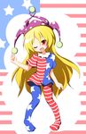  american_flag_dress american_flag_legwear blonde_hair clownpiece dress full_body hat jester_cap long_hair looking_at_viewer neck_ruff one_eye_closed pantyhose pigeon-toed polka_dot red_eyes senba_chidori short_dress short_sleeves smile solo star star_print striped touhou 