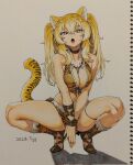  1girl animal_ears animal_print blonde_hair breasts choker cleavage fang fur_bikini fur_trim green_eyes houtengeki jewelry long_hair medium_breasts necklace open_mouth original sandals sidelocks simple_background sketchbook skin_fang solo squatting tail thighs tiger_ears tiger_girl tiger_girl_(houtengeki) tiger_print tiger_tail tooth_necklace traditional_media twintails v_arms white_background wristband 