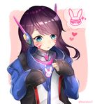  alternate_eye_color animal_print blue_eyes blush bodysuit borrowed_garments brown_hair bunny_print d.va_(overwatch) enepuni facepaint facial_mark headphones heart high_collar jacket long_hair long_sleeves open_mouth overwatch pilot_suit sleeves_past_wrists soldier:_76_(overwatch) solo tan_background thought_bubble twitter_username upper_body whisker_markings white_background 