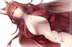  1girl absurdres amagi_(azur_lane) animal_ears azur_lane blunt_bangs breasts breasts_apart brown_eyes brown_hair collarbone commentary_request fox_ears fox_girl fox_tail hair_ornament highres japanese_clothes kimono kitsune large_breasts long_hair looking_at_viewer navel open_clothes open_kimono panties red_kimono samip sidelocks smile solo tail underwear very_long_hair white_panties 