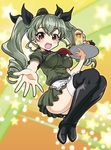  anchovy apron bangs belt black_footwear black_ribbon boots breasts dress drill_hair full_body garrison_cap girls_und_panzer glass green_dress green_hair hair_ribbon hamoto hat highres impossible_clothes impossible_dress long_hair looking_at_viewer medium_breasts military military_uniform mini_hat necktie open_mouth pleated_dress puffy_short_sleeves puffy_sleeves reaching_out red_eyes red_neckwear ribbon short_sleeves smile solo star starry_background thigh_boots thighhighs tray twin_drills twintails uniform waist_apron waitress yellow_background 