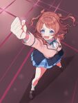  1girl arm_up bare_legs blazer blue_overskirt blue_ribbon blue_skirt blush breasts brown_footwear brown_hair brown_jacket clenched_hand gakuen_idolmaster hanami_saki hatsuboshi_gakuen_school_uniform highres idolmaster jacket loafers long_hair long_sleeves looking_up medium_breasts neck_ribbon oozumi_03 pleated_skirt ribbon school_uniform shoes skirt smile socks solo two_side_up v-shaped_eyebrows white_socks 
