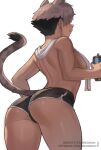  1girl animal_ears ass black_hair black_shorts boosty_username bottle breasts can cat_ears cat_girl cat_tail commentary cowboy_shot dark-skinned_female dark_skin dolphin_shorts drink_can earrings english_commentary grey_hair hair_over_one_eye highres holding holding_can jewelry kara_(vertigris) median_furrow medium_breasts multicolored_hair one_eye_covered original parted_lips patreon_username profile short_hair short_shorts shorts shoulder_blades sideways_mouth simple_background smile solo standing stud_earrings tail tail_raised teeth topless towel towel_around_neck two-tone_hair web_address wersman white_background white_towel 