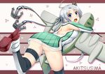  ahoge aircraft airplane akitsushima_(kantai_collection) anchor_hair_ornament armpits ass back back_cutout bangs bent_over black_legwear blush breasts character_name eyebrows_visible_through_hair from_behind grey_hair hair_ornament hair_ribbon hat hug kantai_collection kikumon leg_up long_hair long_sleeves looking_at_viewer medium_breasts mini_hat miniskirt nishikitaitei-chan open_mouth pleated_skirt purple_eyes ribbon rudder_shoes see-through shoe_soles side_ponytail silver_hair skirt solo sorano_(12gou) standing standing_on_one_leg stuffed_toy surprised thigh_strap thighhighs two-tone_legwear very_long_hair 