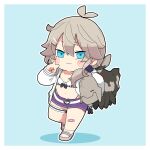  1girl :3 akichi_360 antenna_hair bikini bikini_under_clothes blue_background blue_eyes blush border brown_hair carrying carrying_under_arm chibi crossover full_body hand_up high_heels highres holding holding_pokemon hood hood_down hoodie indie_virtual_youtuber kasukabe_tsukushi long_hair looking_at_viewer no_socks open_clothes open_hoodie pokemon pokemon_(creature) purple_shorts relicanth sandals short_shorts shorts simple_background solo standing standing_on_one_leg swimsuit thigh_strap v virtual_youtuber white_bikini white_border white_hoodie 
