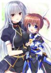  2girls :d armor armored_dress black_dress black_jacket blue_eyes bracer brown_hair cover cover_page doujin_cover dress endori grey_hair hair_ribbon highres holding_hands interlocked_fingers jacket juliet_sleeves lens_flare long_sleeves looking_at_viewer lyrical_nanoha magical_girl mahou_shoujo_lyrical_nanoha_detonation multiple_girls open_mouth overskirt puffy_short_sleeves puffy_sleeves red_eyes reinforce ribbon short_dress short_hair short_sleeves short_twintails side-by-side smile sparkle standing takamachi_nanoha takamachi_nanoha_(formula_ii) twintails waist_cape white_dress white_jacket white_ribbon yuri 