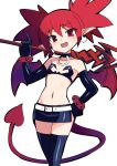  1girl black_thighhighs blush choker demon_girl demon_tail demon_wings disgaea earrings elbow_gloves elder_spear etna_(disgaea) fang flat_chest gloves highres jewelry looking_at_viewer microskirt navel o-ring o-ring_choker open_mouth pointy_ears red_eyes red_hair red_wings simple_background skirt skull_earrings smile solo tail thighhighs twintails white_background wings zetsuei_(zetto) 