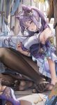  1girl bare_shoulders black_pantyhose cone_hair_bun dress earrings feet genshin_impact hair_between_eyes hair_bun hair_ornament high_heels highres indoors jewelry keqing_(genshin_impact) knee_up long_hair looking_at_viewer mitarashimame on_floor open_mouth pantyhose purple_dress purple_eyes purple_footwear purple_hair shoes short_dress sitting solo twintails unworn_shoes yokozuwari 