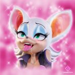  2024 anthro bat blush bodily_fluids bust_portrait clothing collarbone eyebrows eyelashes fangs female green_eyes hi_res lewdxcube mammal open_mouth orgasm_face portrait rouge_the_bat saliva sega solo sonic_the_hedgehog_(series) sparkles tan_body teeth tongue tongue_out white_body 