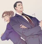  1boy 1girl absurdres back-to-back black_hair black_jacket blush commentary_request crossed_arms dutch_angle earrings facial_hair glasses hair_bun highres husband_and_wife jacket jewelry kisaki_eri meitantei_conan mouri_kogoro mustache necktie purple_lips shirt short_hair sidelocks simple_background suit upper_body white_shirt wing_collar yoshicha 