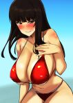  1girl bikini biting_own_lip black_hair blue_background blunt_bangs blush breasts brown_eyes cleavage collarbone covered_nipples girls_und_panzer gradient_background hand_on_own_chest huge_breasts leaning_forward long_hair looking_at_viewer mature_female navel nishizumi_shiho red_bikini shino_(ten-m) skindentation solo straight_hair swimsuit 