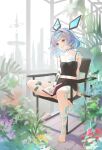  1girl :o ahoge animal_ears arm_tattoo bare_shoulders barefoot black_camisole black_shorts blue_eyes blue_hair book breasts cable camisole chair cloud_hair_ornament collarbone commission fake_animal_ears gradient_hair hairband heterochromia highres holding holding_book indie_virtual_youtuber leg_tattoo magatama medium_hair midriff multicolored_hair nabana_saute nail_polish navel on_chair sayu_sincronisity sayu_sincronisity_(1st_costume) shorts sitting skeb_commission small_breasts solo tattoo toenail_polish toenails virtual_youtuber yellow_eyes 