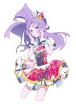  1girl aikatsu! aikatsu!_(series) bad_id bad_twitter_id blunt_bangs breasts cowboy_shot cropped_legs crown dress floating_hair hands_on_own_face highres hikami_sumire idol_clothes long_hair looking_at_viewer puffy_short_sleeves puffy_sleeves purple_eyes purple_hair purple_ribbon red_dress ribbon shiontaso short_sleeves simple_background small_breasts solo standing white_background wrist_cuffs 