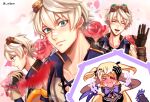  &gt;_&lt; 1boy 1girl arms_up asymmetrical_clothes bandaid bandaid_on_face bandaid_on_nose bennett_(genshin_impact) bird black_nails blonde_hair blurry blurry_foreground blush bow bowtie bridal_gauntlets closed_eyes closed_mouth english_commentary eyepatch facing_viewer falling_petals fingernails fischl_(genshin_impact) flower genshin_impact gloves goggles goggles_on_head green_eyes grey_hair hair_between_eyes hands_on_own_head highres long_hair looking_at_another looking_at_viewer multiple_views nail_polish nose_blush one_eye_covered open_mouth oz_(genshin_impact) petals rose scar scar_on_shoulder shirt short_hair single_glove sleeveless sleeveless_shirt smile sparkle sweatdrop twitter_username two_side_up yuyu_(milieux) 