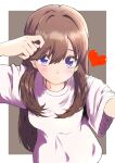  1girl absurdres arm_up border breasts brown_background brown_hair closed_mouth commentary fujishima_megumi hair_down heart highres light_blush link!_like!_love_live! long_hair looking_at_viewer love_live! medium_breasts outside_border purple_eyes rakinegimagi selfie shirt short_sleeves simple_background smile solo t-shirt upper_body virtual_youtuber white_border white_shirt 