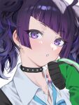  1girl black_choker blue_bow blue_bowtie bow bowtie choker commentary diagonal_bangs ear_piercing earrings eyelashes green_jacket hand_up head_tilt highres idolmaster idolmaster_shiny_colors jacket jewelry light_blush long_sleeves looking_at_viewer medium_hair nail_polish parted_lips piercing purple_eyes purple_hair purple_lips purple_nails shirt sidelocks sleeves_past_fingers sleeves_past_wrists solo tanaka_mamimi twintails upper_body wavy_hair white_background white_shirt yumeme_818 