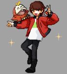  1boy black_footwear black_pants boots brown_hair colored_tips commentary_request fuecoco full_body grey_background hands_up highres holding holding_poke_ball jacket jiz_(pffbq) kiyo_(youtuber) long_sleeves looking_at_viewer male_focus multicolored_hair open_mouth pants pixel_art poke_ball pokemon pokemon_(creature) real_life red_hair red_jacket shirt simple_background solo sparkle standing standing_on_one_leg v white_shirt 